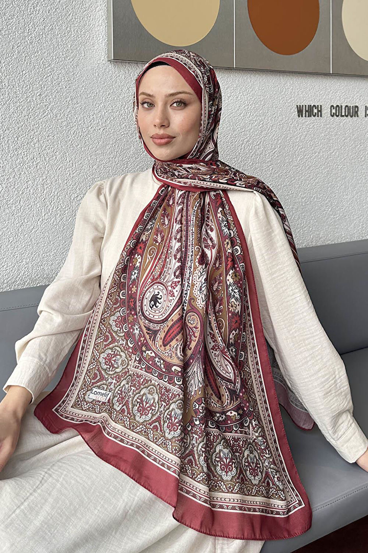 Retro Desen Pamuk Şal Bordo