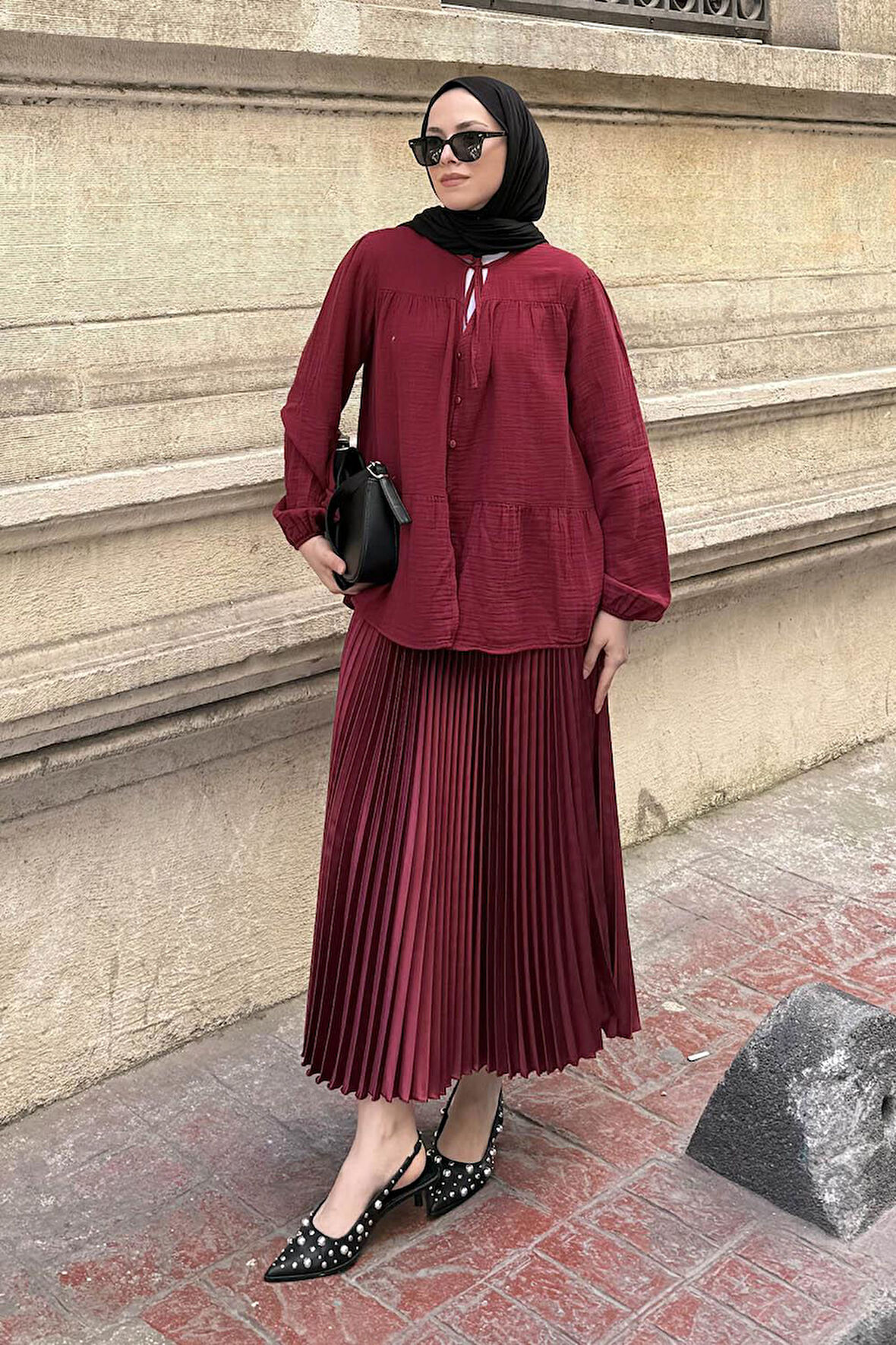 V Yaka Kolları Lastikli Müslim Tesettür Gömlek Bordo