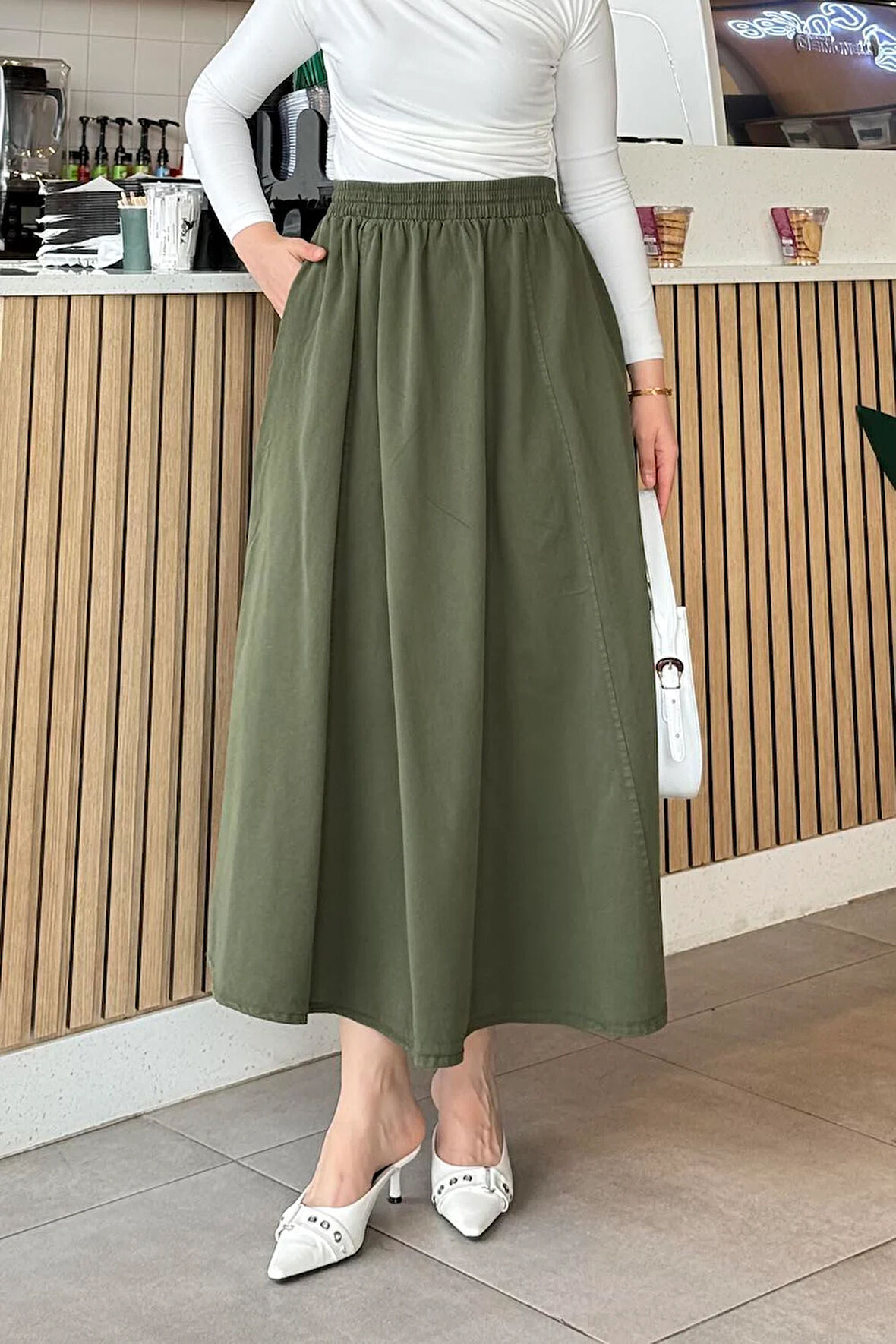 Cepli Bel Lastikli Gabardın Tesettür Etek Haki