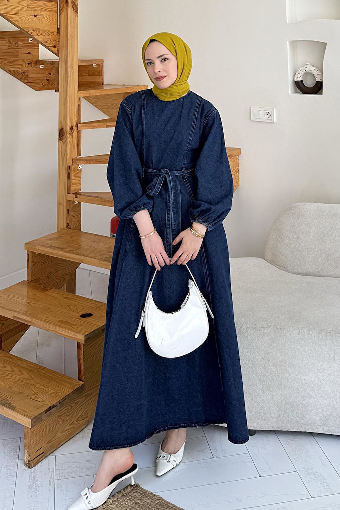 Kuplu Denim Elbise Koyu Mavi Koyu Mavi