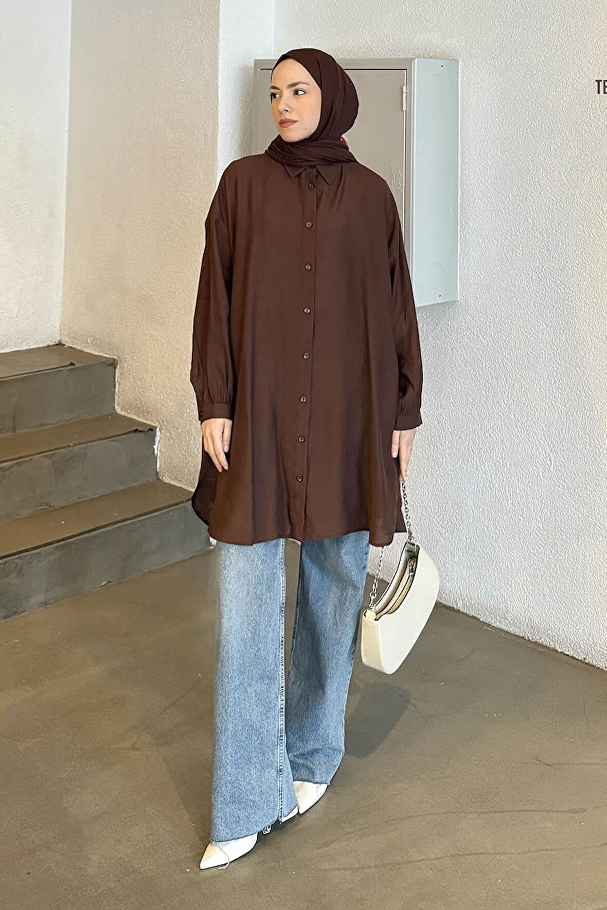 Oversize Tesettür Gömlek Kahverengi