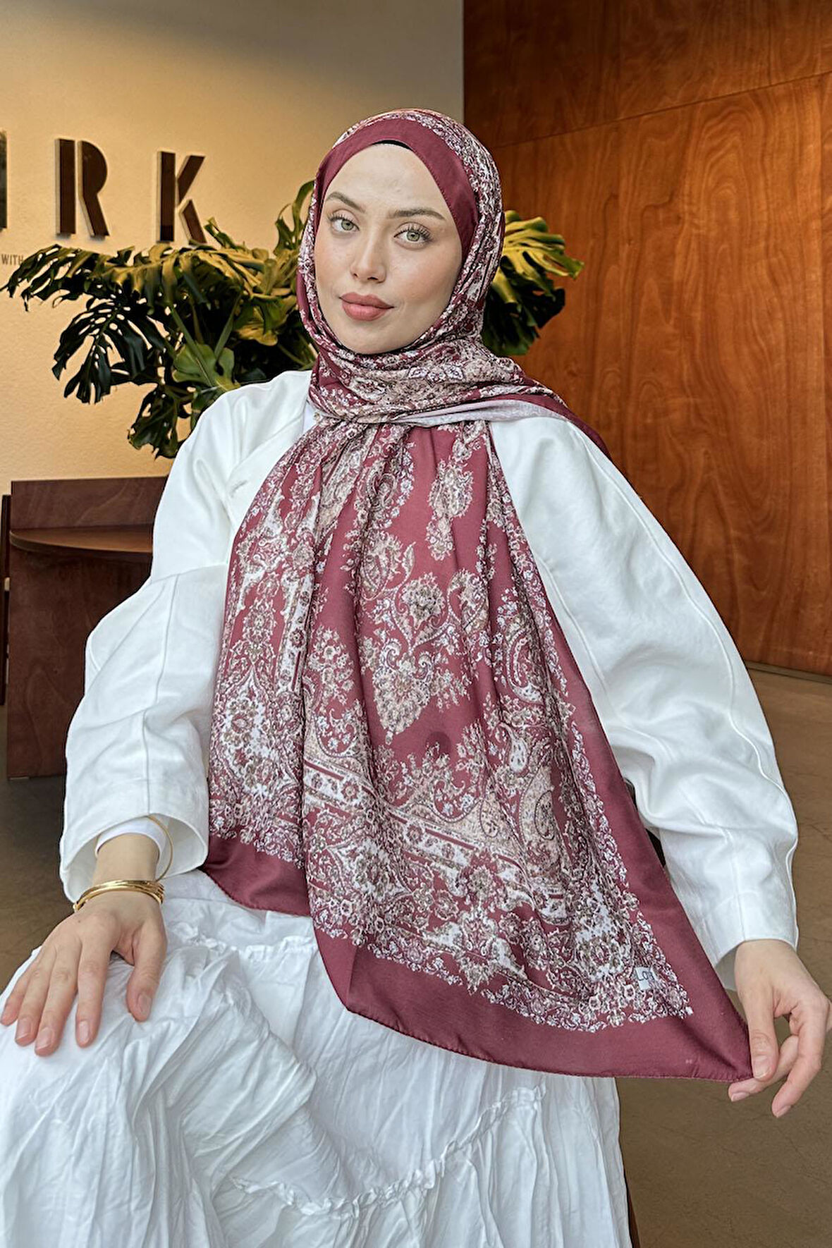 Retro Desen Soft Şal Bordo