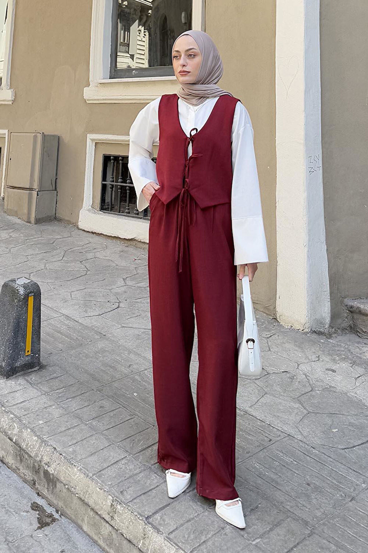 Bağlama Detaylı Yelek-Pantolon İkili Takım Bordo