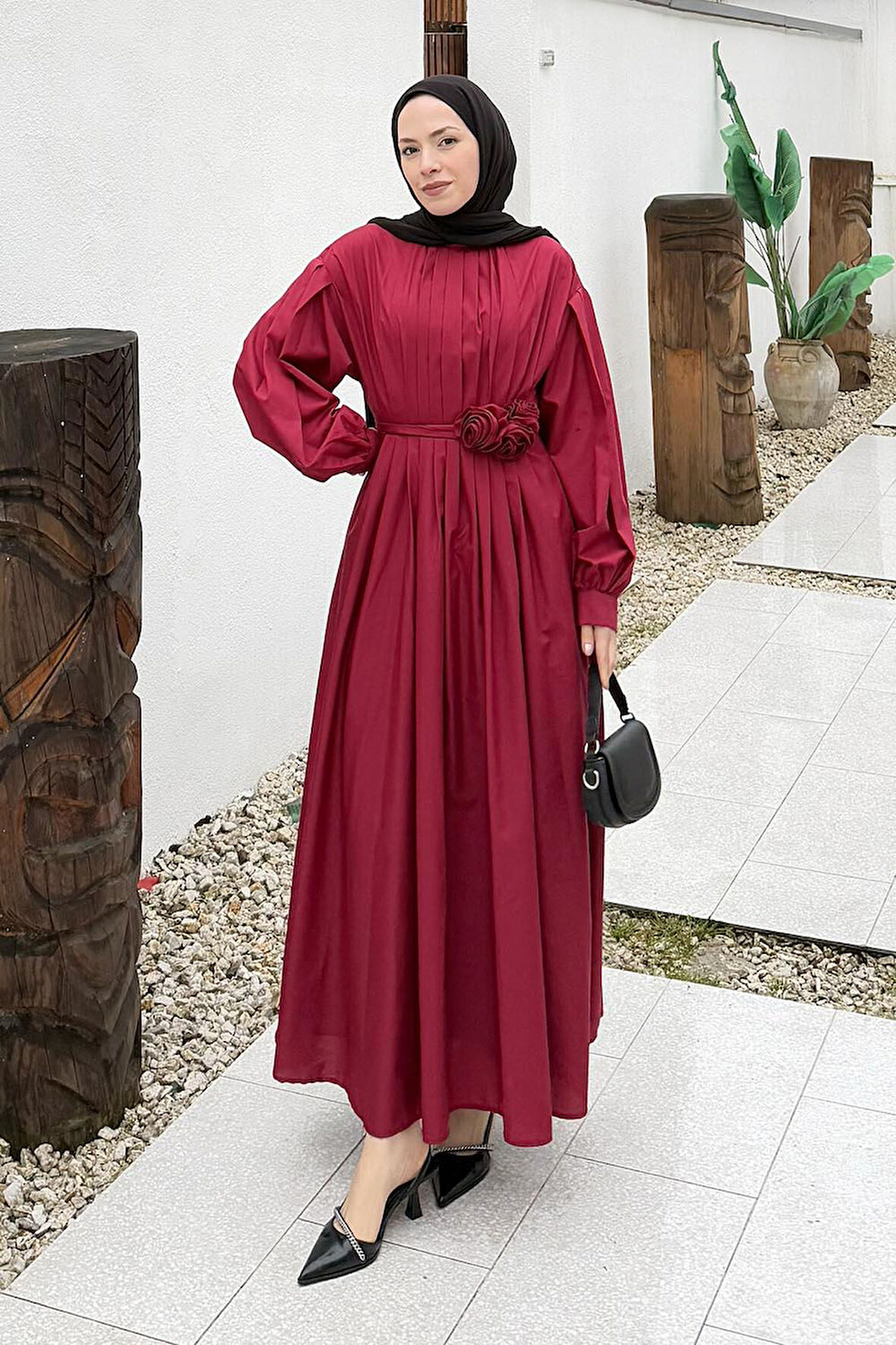 Pileli Poplin Elbise Bordo