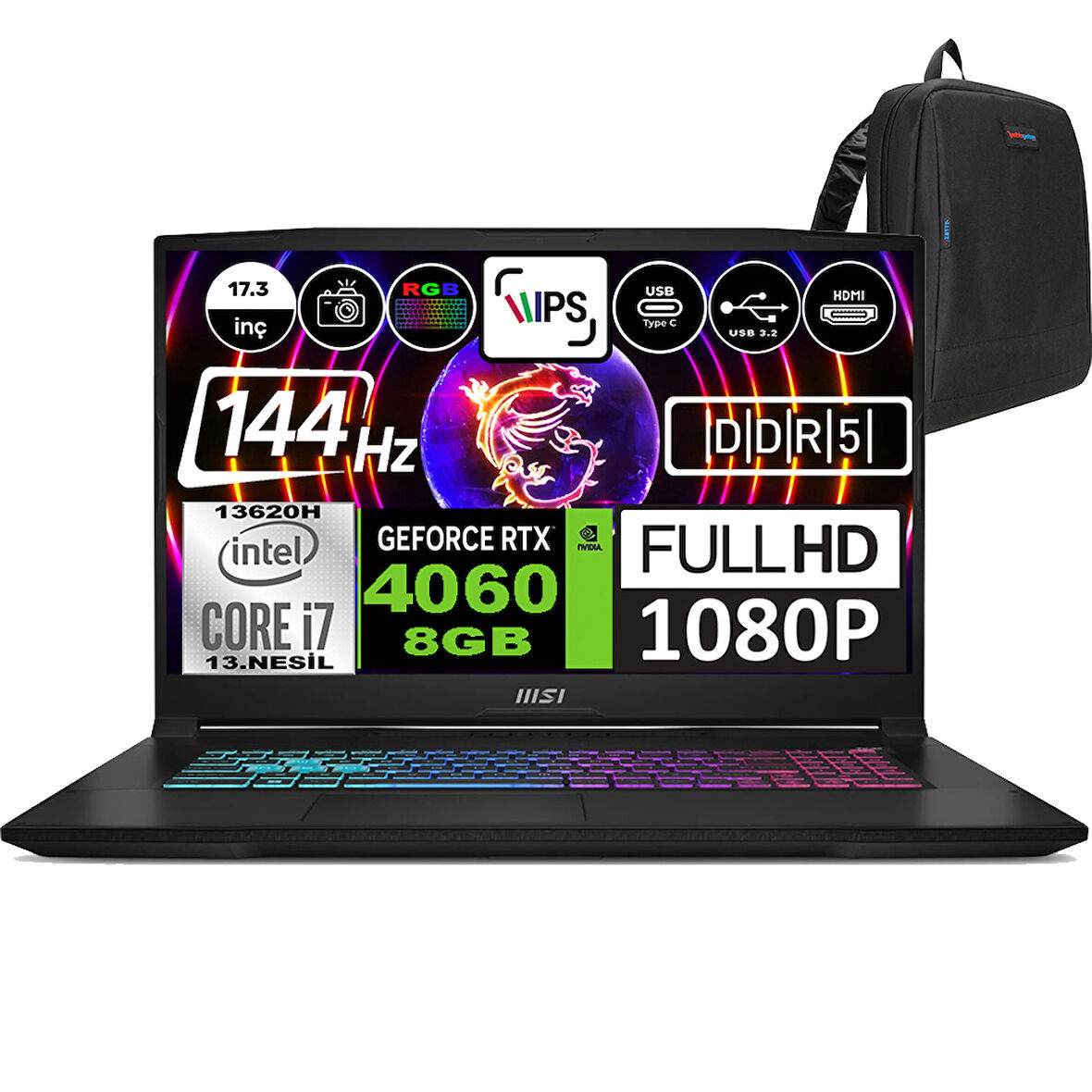 Msı Katana 17 Intel Core I7 13620H 64GB 512GB SSD RTX4060 8gb Windows 11 Pro 17.3" Fhd 144Hz Taşınabilir Bilgisayar B13VFK1037XTRWP09 + Zetta Çanta