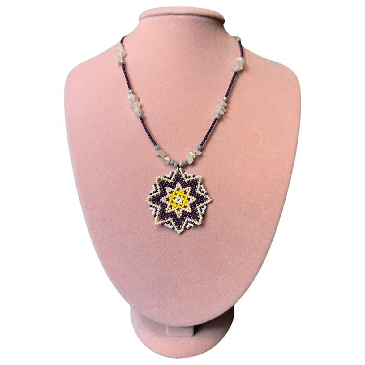 Uretti - Özlem 9422 0338 El Yapımı Pembe Kuvars Doğal Taşlı Mandala Model Kolye