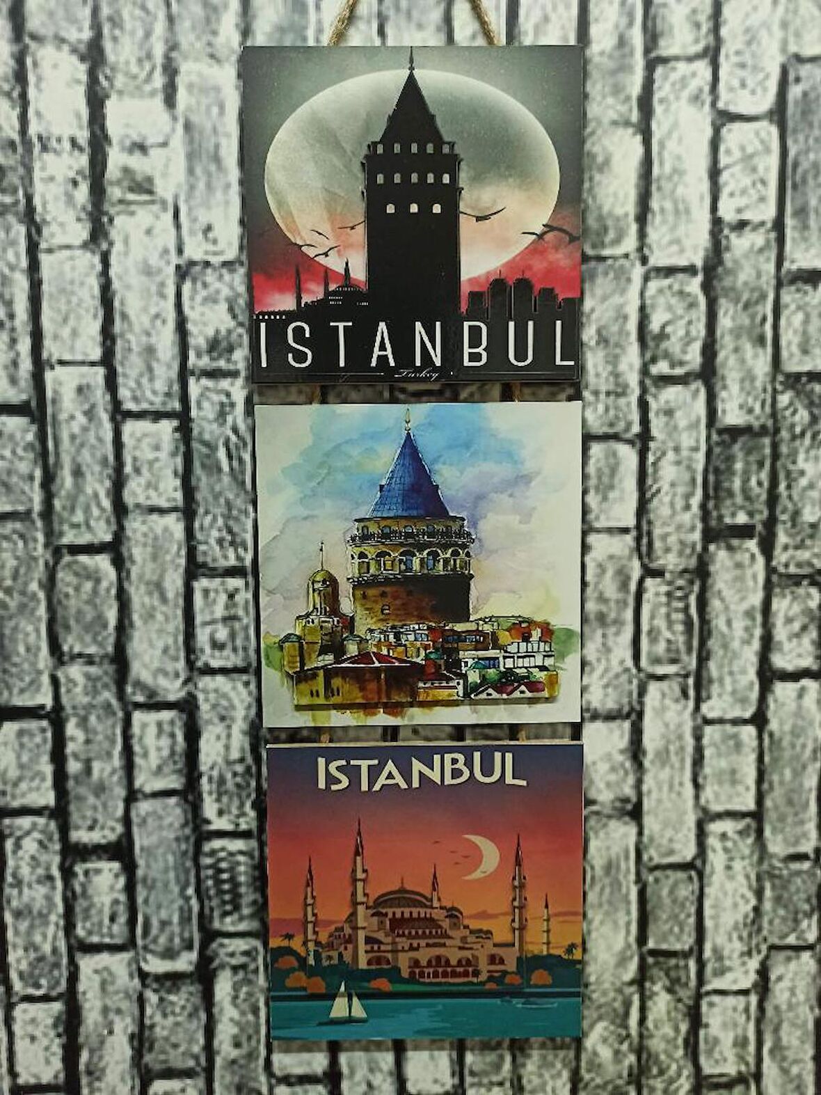 İstanbul Galata Ayasofya Kabartmalı Baskılı 3'lü Tablo