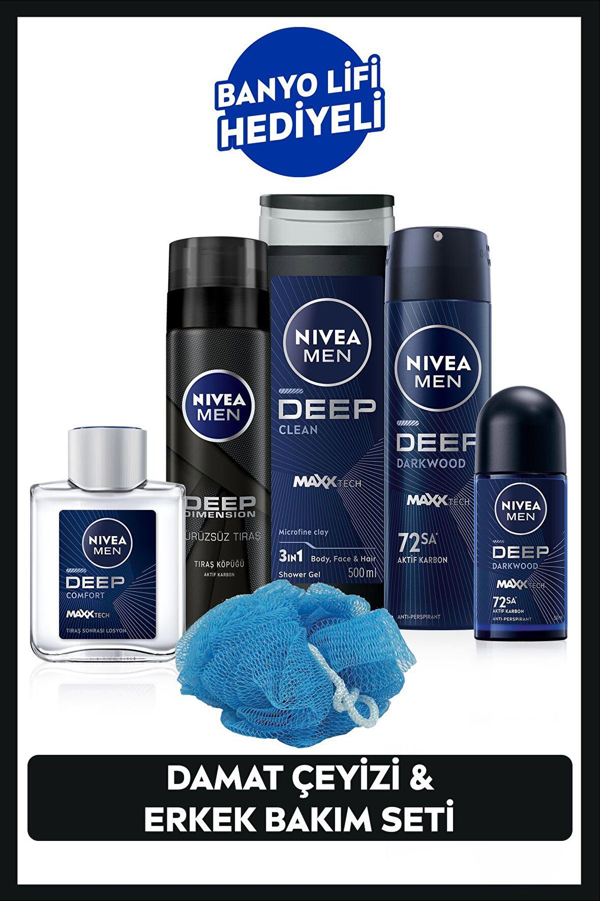 Nivea Men Erkek Damat Seti, Duş Jeli 500ml, Deodorant 150ml, Roll-on 50ml, Tıraş Köpüğü, Losyon100ml, Lif