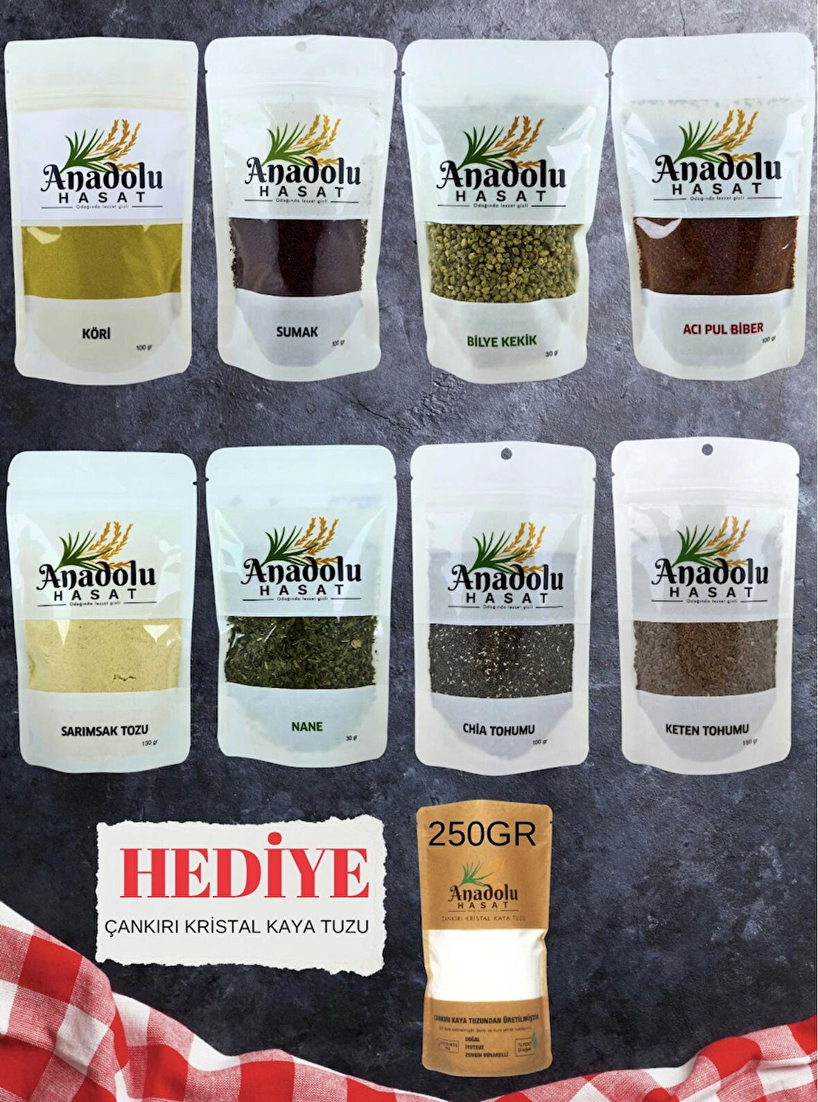 8 Li Baharat Seti- Köri, Sumak, Bilye Kekik, Acı Pul Biber, Nane, Chia , Keten Tohumu