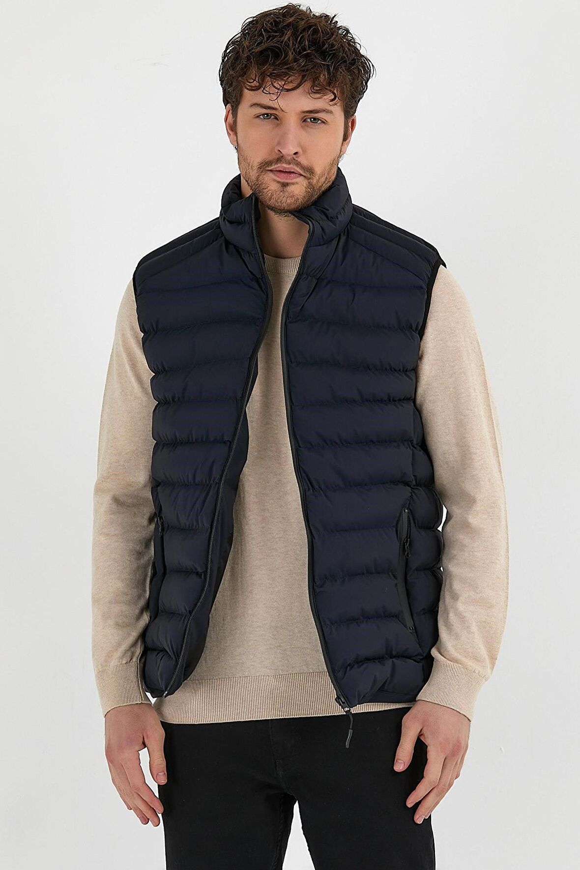 Erkek Dik Yaka Slim Fit Casual Yelek Lacivert