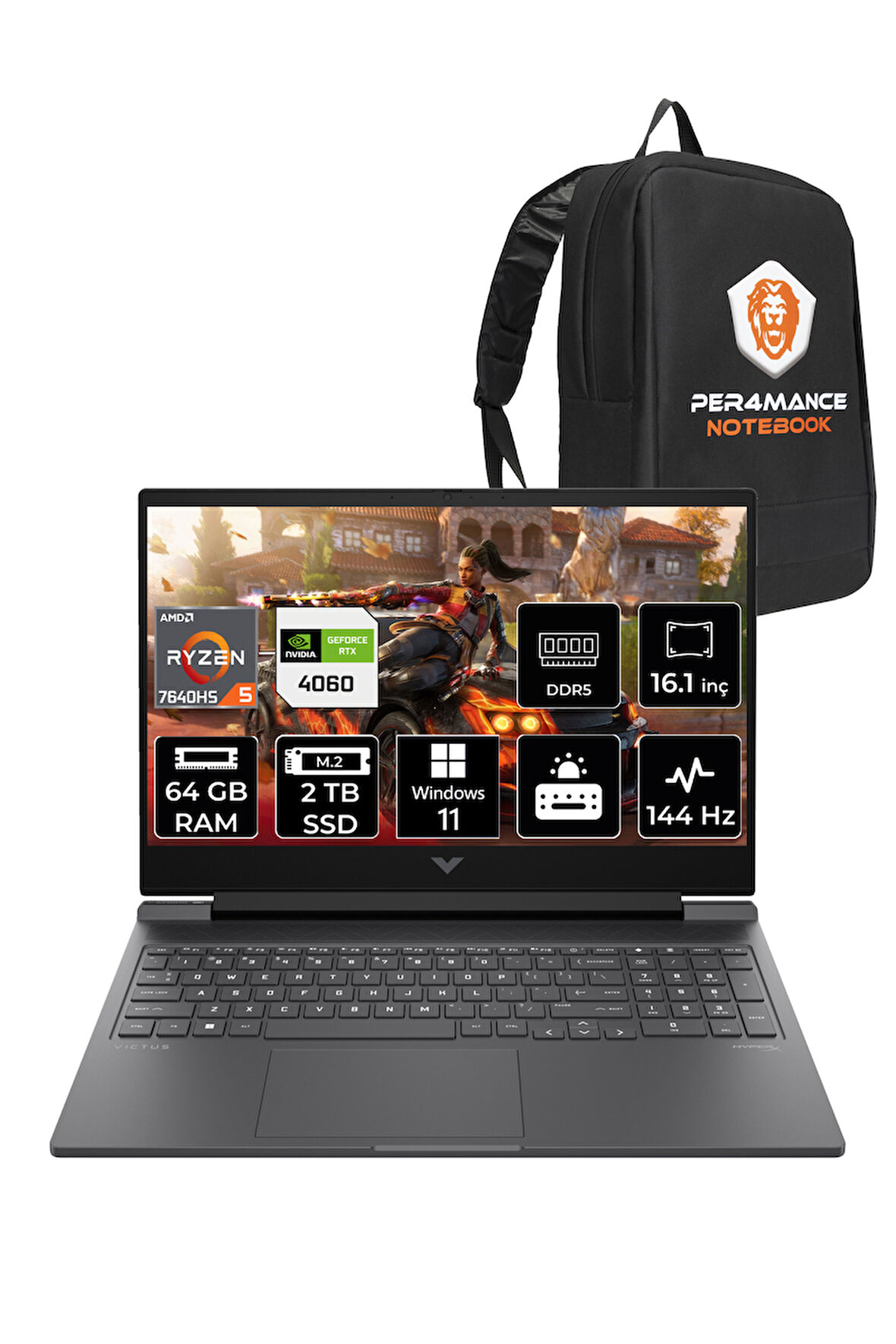 HP Victus 16 R5 7640HS 64GB RAM 2TB SSD RTX4060/8GB 144Hz 16.1'' FHD W11P Gaming Laptop & PER4 ÇANTA