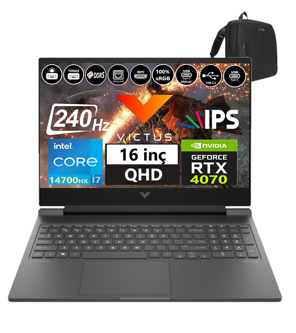 Hp Victus 16-R1012NT Intel I7-14700HX 96GB Ddr5 512GB SSD 8GB/RTX4070 Freedos 16.1" 240Hz Qhd 3ms 300NİTS Taşınabilir Bilgisayar 99J1K2EA17+WEBLEGELSINÇANTA