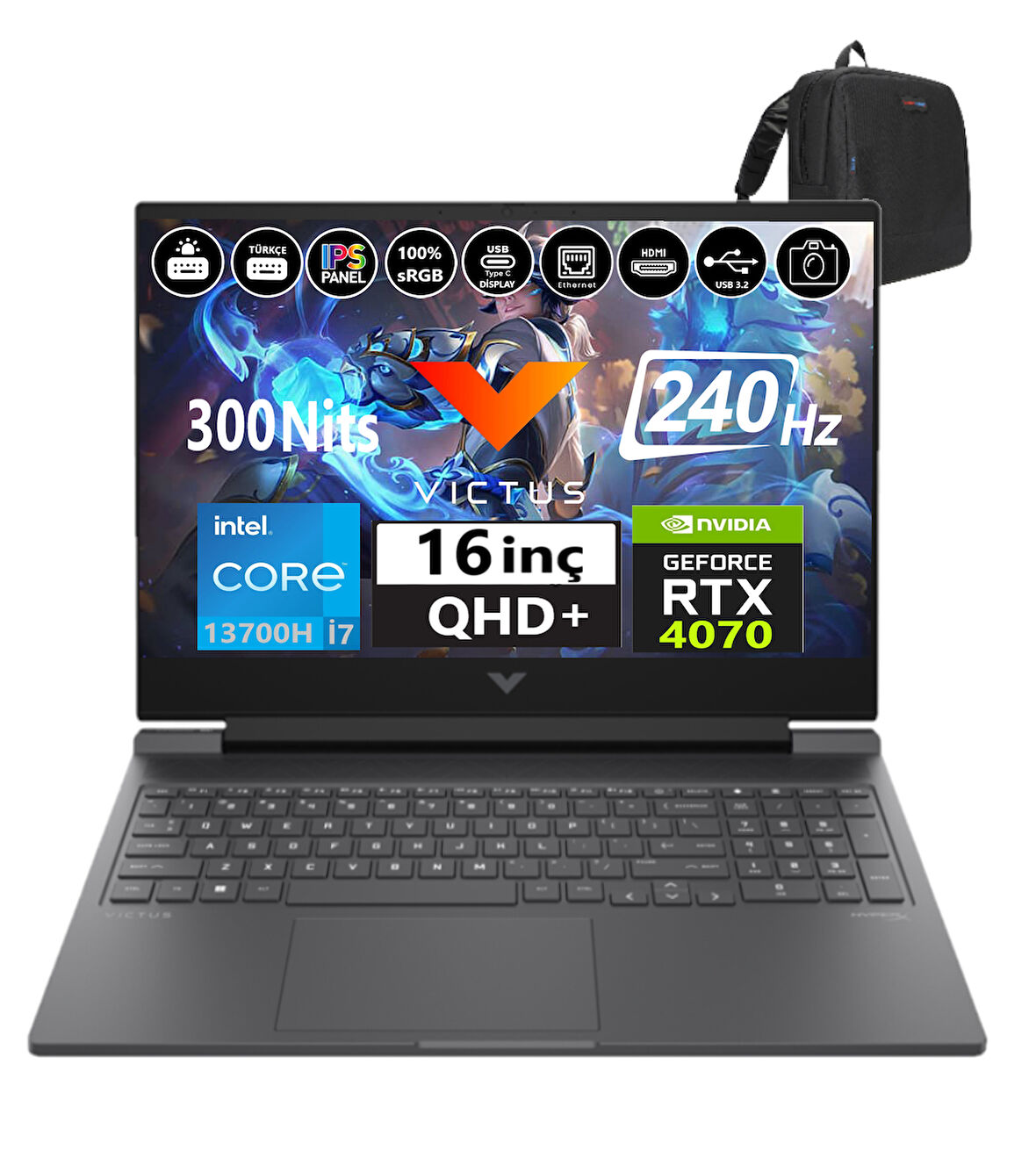 Hp Victus İntel Core i7 13700H 16-R0001NT 32GB Ddr5 2tb SSD 8GB/RTX4070 WINDOWS11PRO 16.1" 240Hz Qhd 3ms 300NİTS Taşınabilir Bilgisayar 77P6E8EA47+WEBLEGELSINÇANTA