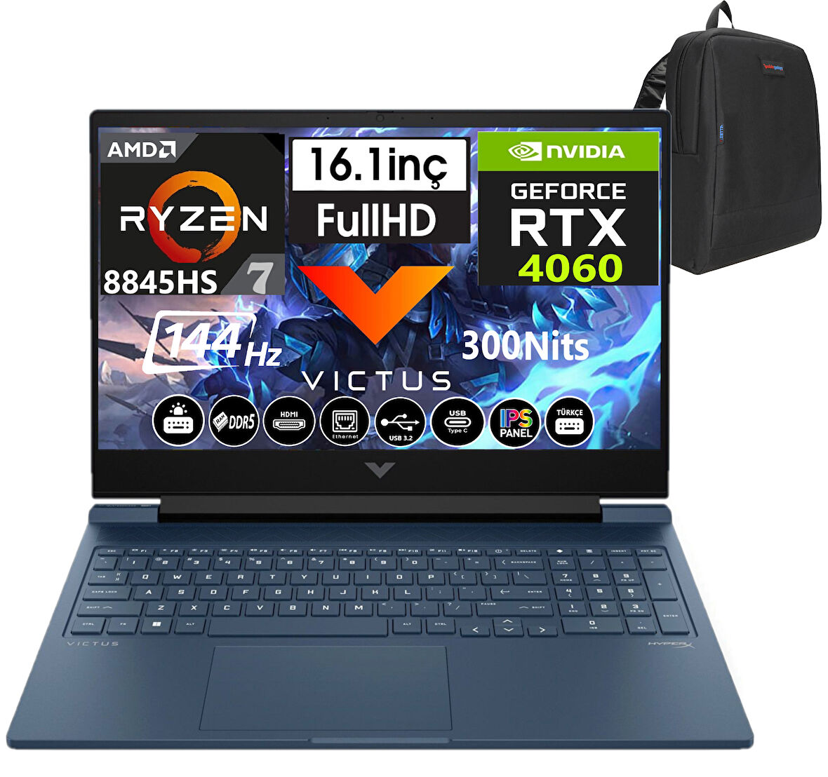 Hp Victus 16-S1011NT Amd Ryzen 7 8845HS 32GB Ddr5 512GB SSD 8GB/RTX4060 Freedos 16" 144 Hz Fhd IPS Taşınabilir Bilgisayar 9Z791EAW05+WEBLEGELSINÇANTA