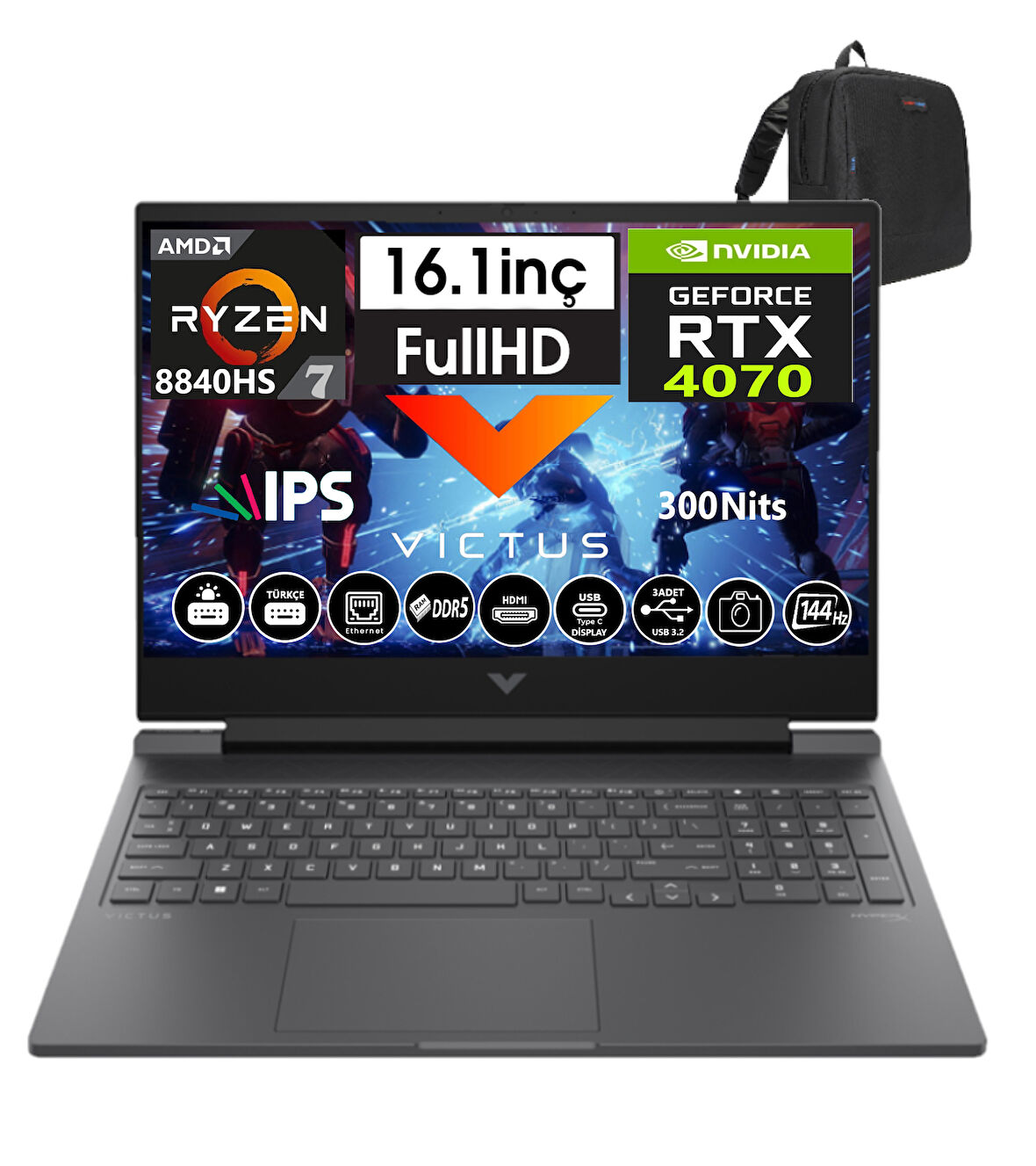 Hp Victus 16-S1035NT Amd RYZEN7-8840HS 96GB Ddr5 1tb SSD 8GB/RTX4070 WINDOWS11PRO 16" 144 Hz Fhd IPS Taşınabilir Bilgisayar WA1UZ2EA58+WEBLEGELSINÇANTA
