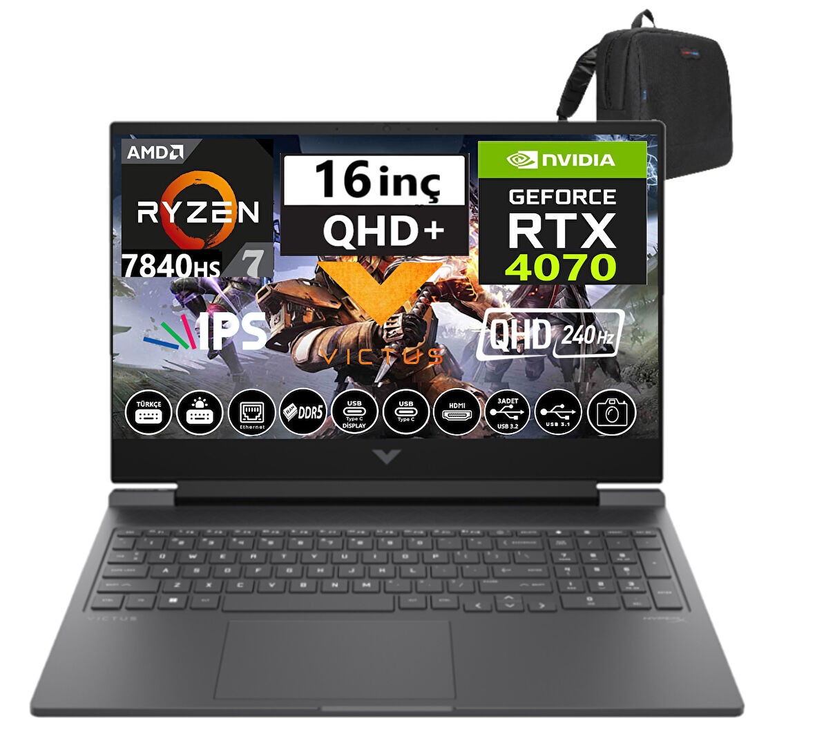 Hp Victus 16-S0001NT Ryzen 7 7840HS 96GB Ddr5 4tb SSD 8GB/RTX4070 WINDOWS11HOME 16" 240Hz 3ms Qhd IPS Taşınabilir Bilgisayar W7Z4L9EA40+WEBLEGELSINÇANTA