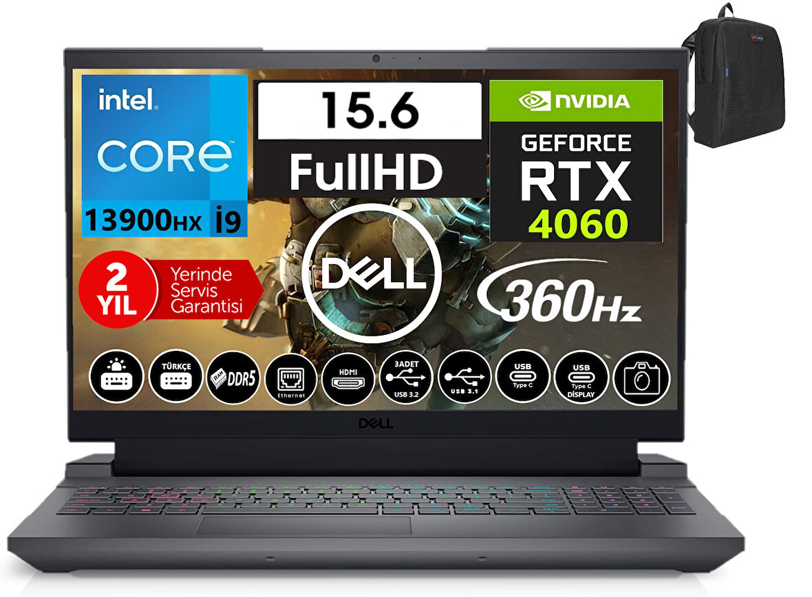 Dell G15 5530 I9-13900HX 96GB Ddr5 1tb SSD 8GB/RTX4060 Freedos 15.6" 360Hz Fhd Taşınabilir Bilgisayar G155530017W18+WEBLEGELSINÇANTA