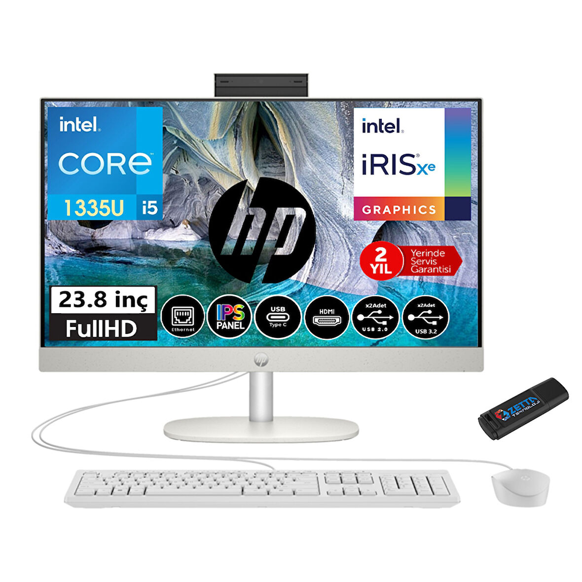 Hp Proone 240 G10 Intel Core I5 1335U 64GB Ram 1tb SSD 23.8 Fhd IPS WİNDOWS11PRO Beyaz All In One Bilgisayar 6623Z2ET43+ZETTAUSBBELLEK