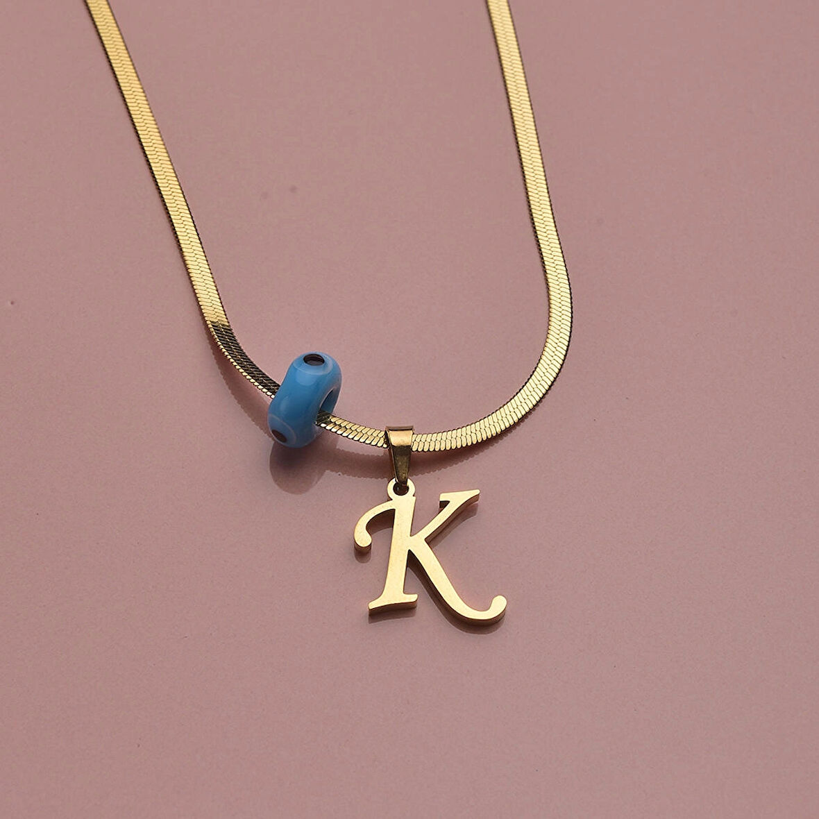 K Harfli Sarı Kadın Çelik Kolye Takı Hediyelik Aksesuar