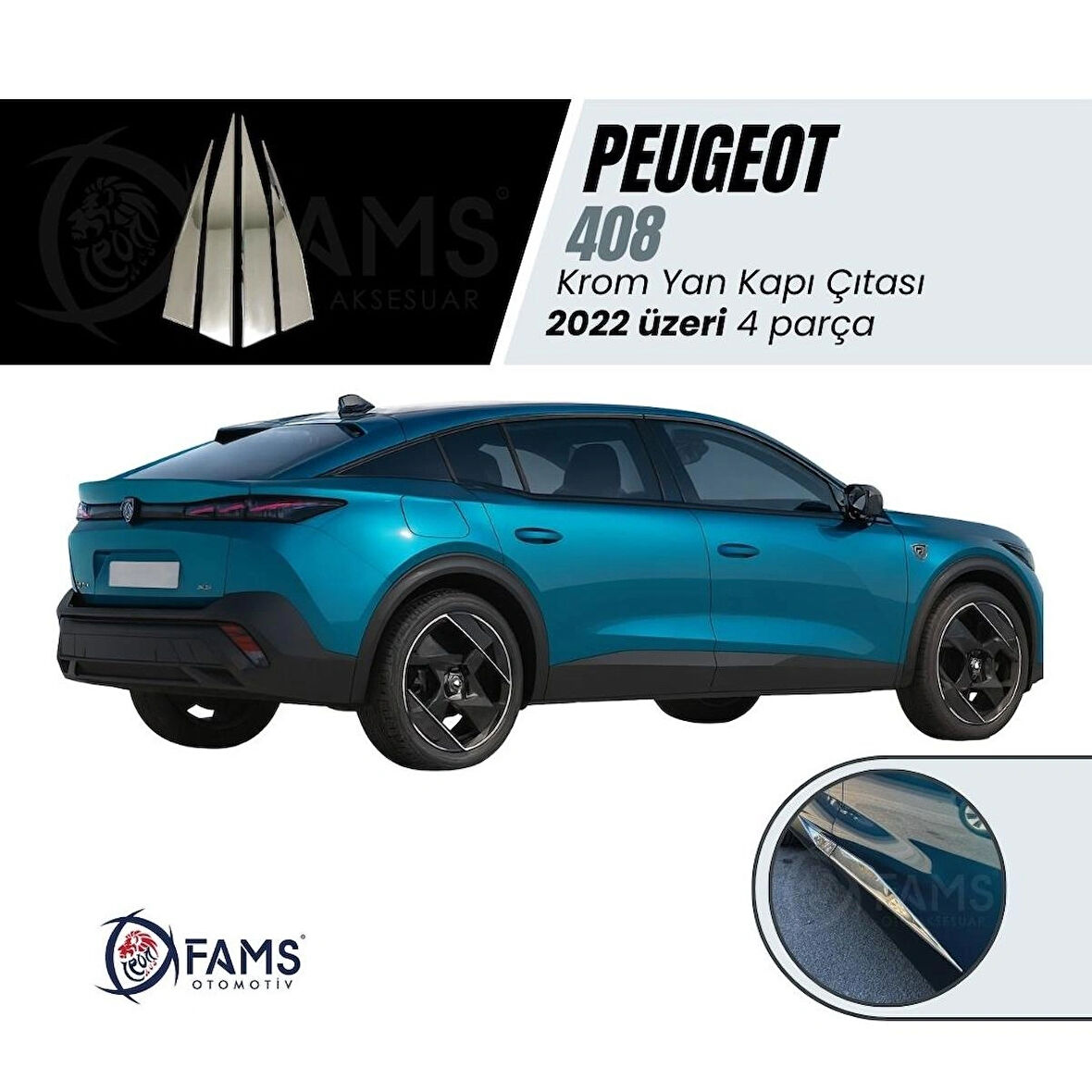 Peugeot 408 Krom Yan Kapı Çıtası 4 Kapı 2022> Paslanmaz Çelik