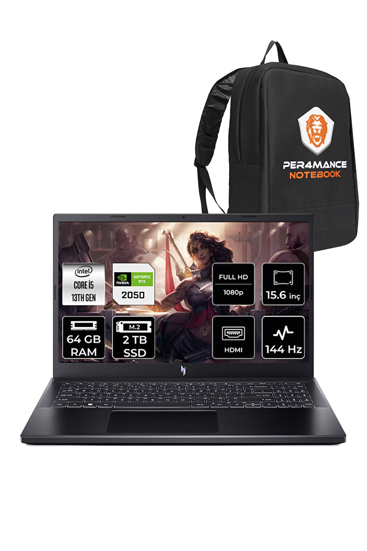 Acer Nitro V 15 i5 13420H 64GB 2TB SSD RTX2050/4GB 144Hz FHD 15.6" FDOS Gaming Laptop & PER4 ÇANTA