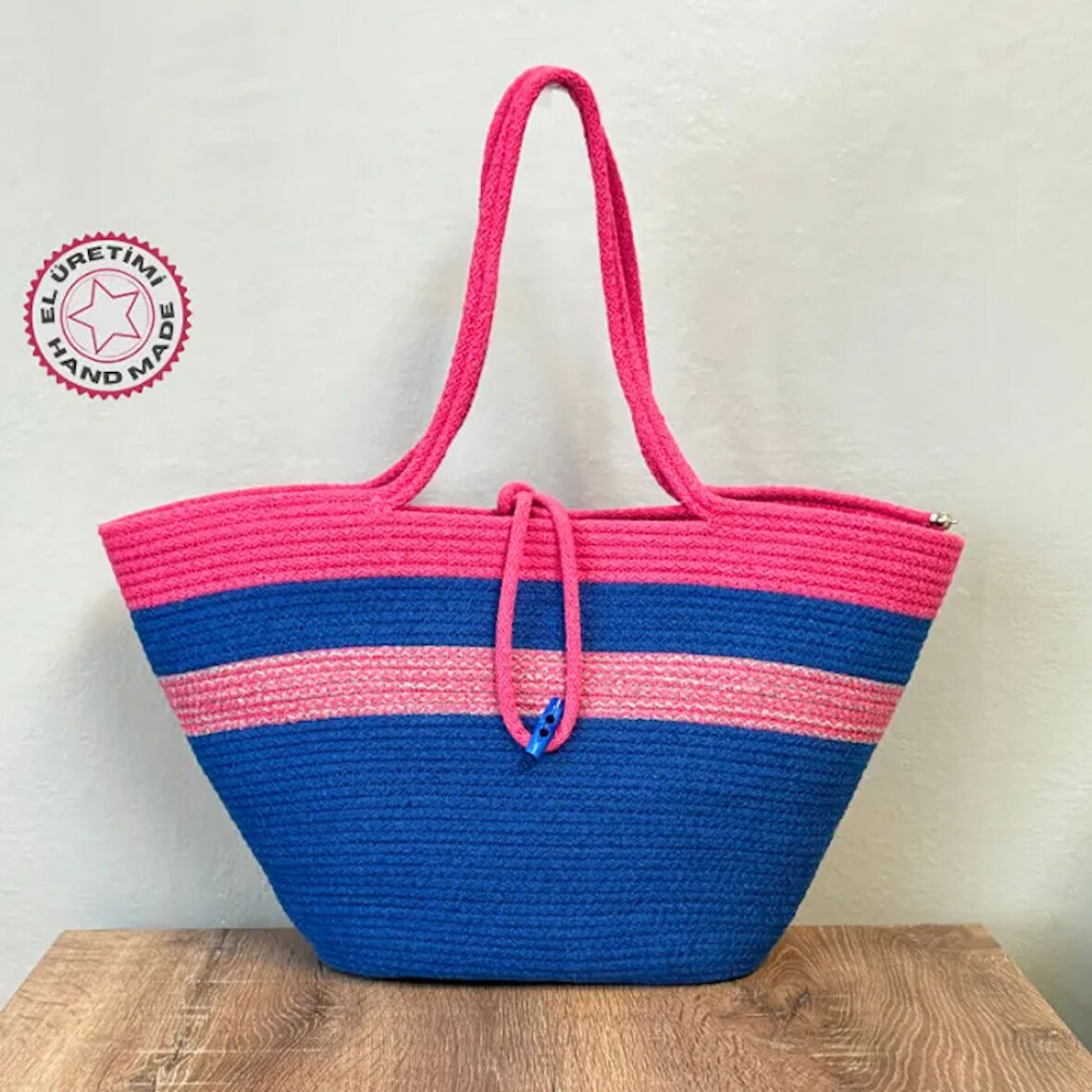 Uretti - Nuran 9092 El Yapımı Tress İp Plaj Çanta 27cm - Lacivert