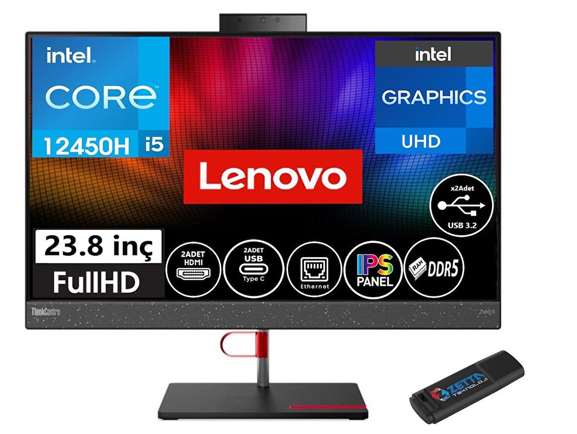 Lenovo All-in-One ThinkCentre Neo 50A Intel® Core™ i5-12450H 16gb 1TB SSD 23.8" FHD IPS Windows11Home ALL IN ONE BİLGİSAYAR F12B800DHTX11+ZettaUsbBellek