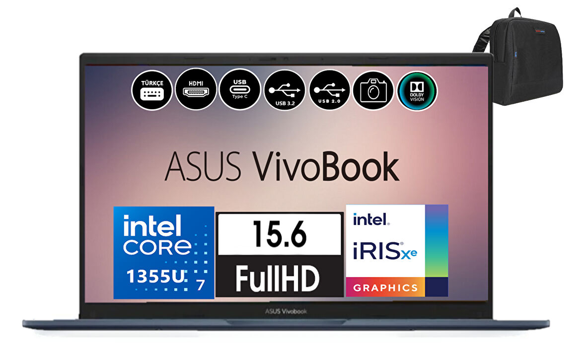 Asus Vivobook 15 WEBX1504VA-NJ413 Intel I7-1355U 40GB 2tb SSD WINDOWS11HOME 15.6 Fhd Taşınabilir Bilgisayar WX1504VANJ413H24+ZETTAÇANTA