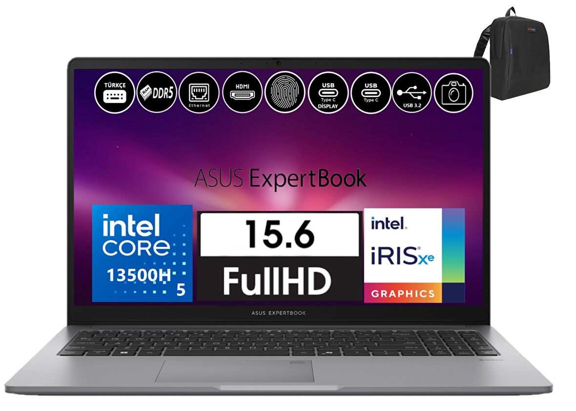 Asus Expertbook P1 P1503 Intel Core I5-13500H 40GB Ddr5 1tb SSD Freedos 15.6 Fhd Taşınabilir Bilgisayar EXP1503CVAI58512S0D23+ZETTAÇANTA