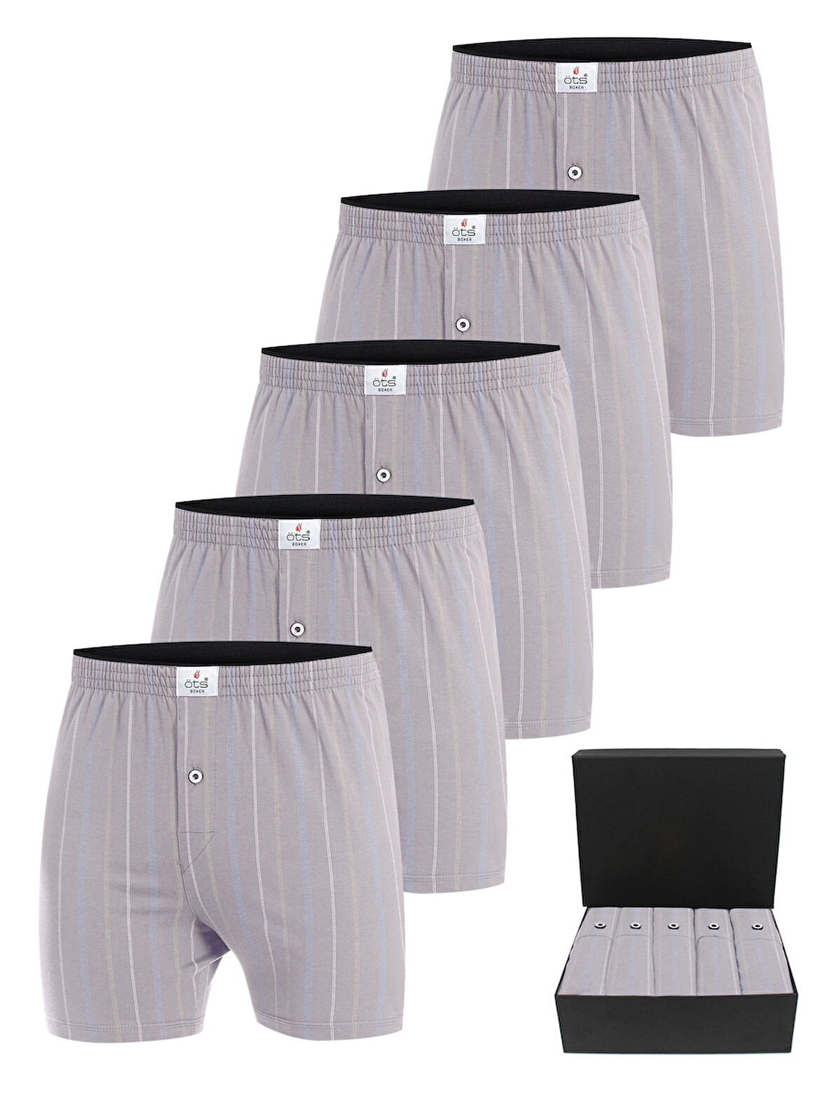 ÖTS Premium 5'li Çizgili Erkek Boxer - %100 Pamuk, Ultra Yumuşak Kumaş, Rahat Kalıp, Etiketsiz ve Ka