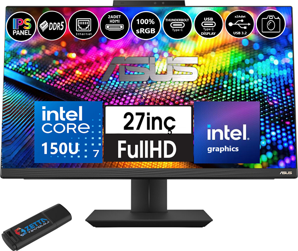 Asus A5702WVARK Intel Ultra 7 150U 32GB Ddr5 2tb SSDIPS Windows 11 Home 27" FHD All In One Bilgisayar WA5702H09+ZETTAUSBBELLEK