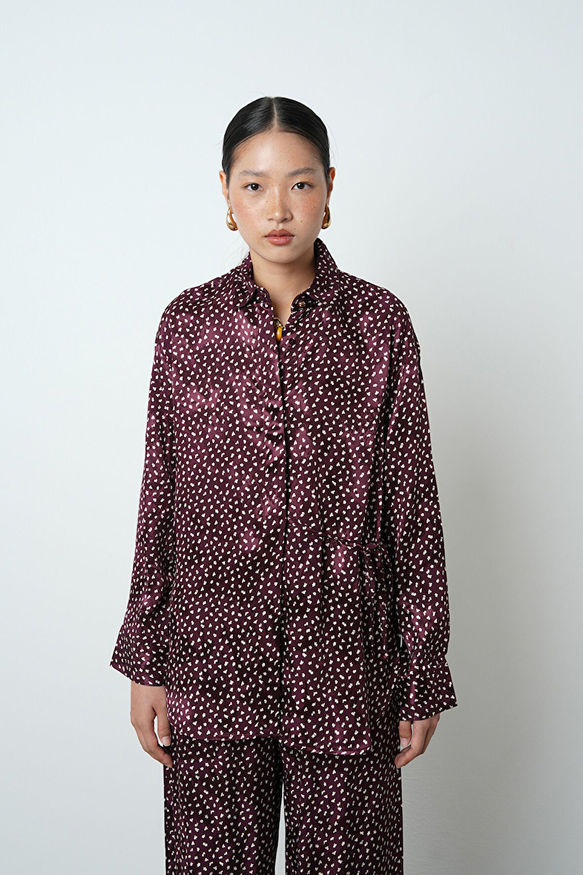 Kadın Bordo Renk Desenli Yandan Bağlamalı Gömlek