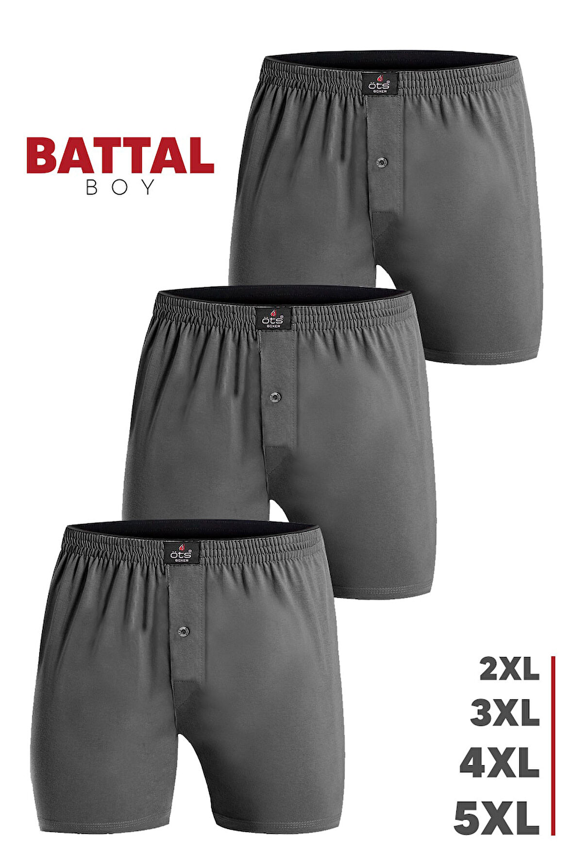 Öts Erkek Boxer Battal Boy 3'lü Düğmeli, Süprem Kumaş (%100 Pamuk)