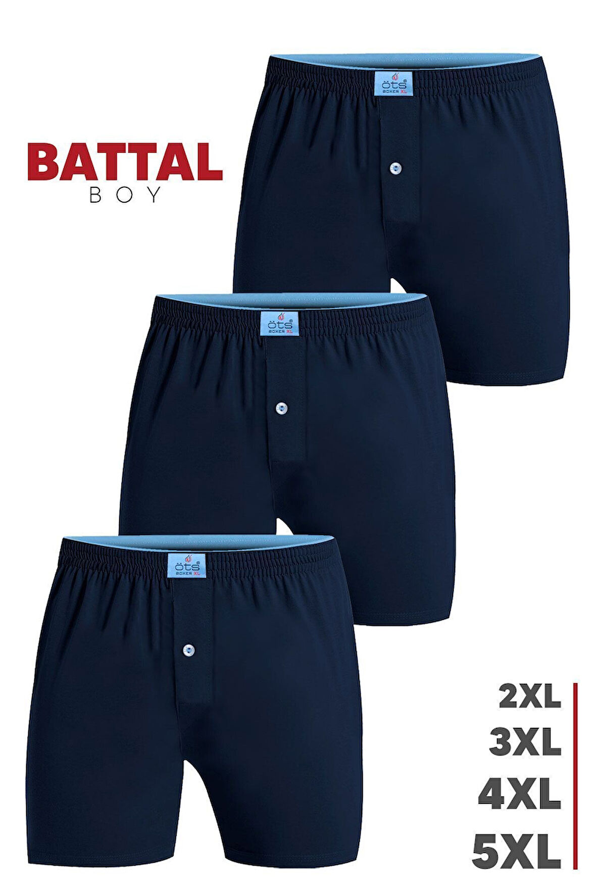 Öts Erkek Boxer Battal Boy 3'lü Düğmeli, Süprem Kumaş (%100 Pamuk)