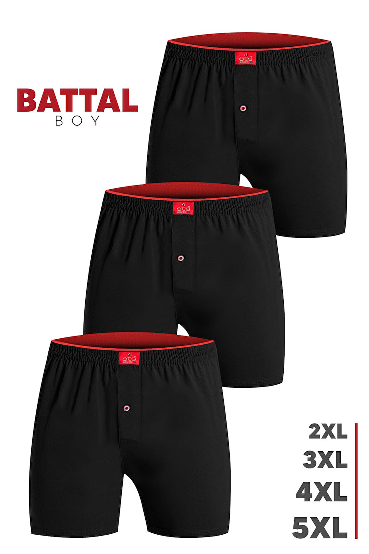 Öts Erkek Boxer Battal Boy 3'lü Düğmeli, Süprem Kumaş (%100 Pamuk)