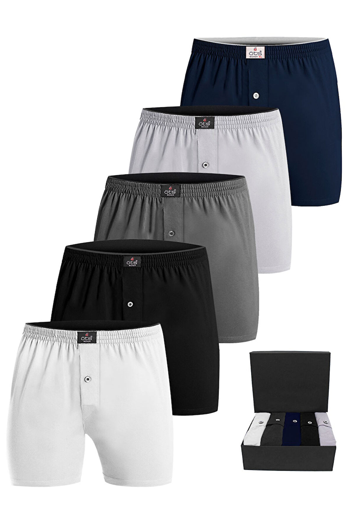 Öts Premium 5'li Erkek Boxer Düğmeli, Süprem Hediye Kutulu, %100 Pamuk, Ultra Yumuşak Kumaş, Rahat