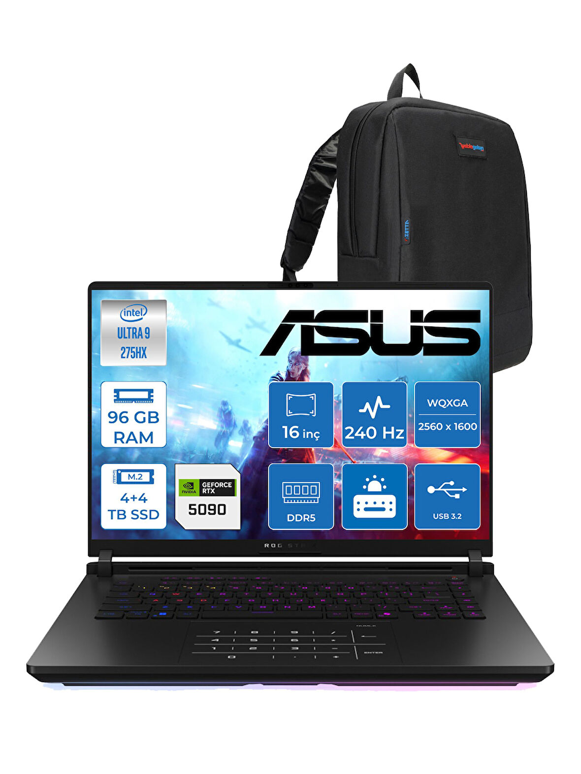 Asus Rog Strix Scar 16 G635LX-RW145 Ultra 9 275HX Aı 96GB GB 4tb SSD +4tb SSD 24GB/RTX5090 Gddr7 175W 16" Wqxga 240Hz 3ms 1200NITS Freedos Gaming Laptop WRWF14540+ZETTAÇANTA