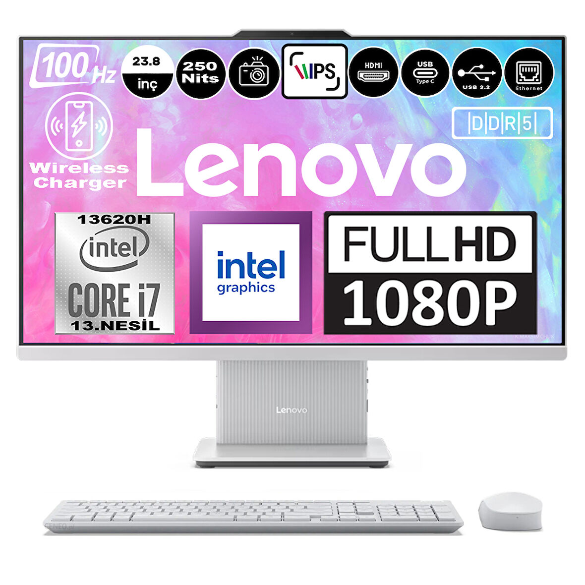 Lenovo Ideacentre Aıo 24IRH9 Intel Core I7-13620H Ddr5 96GB 512GB SSD Intel UHD Graphics 23.8 Fhd IPS Freedos Beyaz All In One Bilgisayar F0HN0056TRF18 + Zetta Flash Bellek