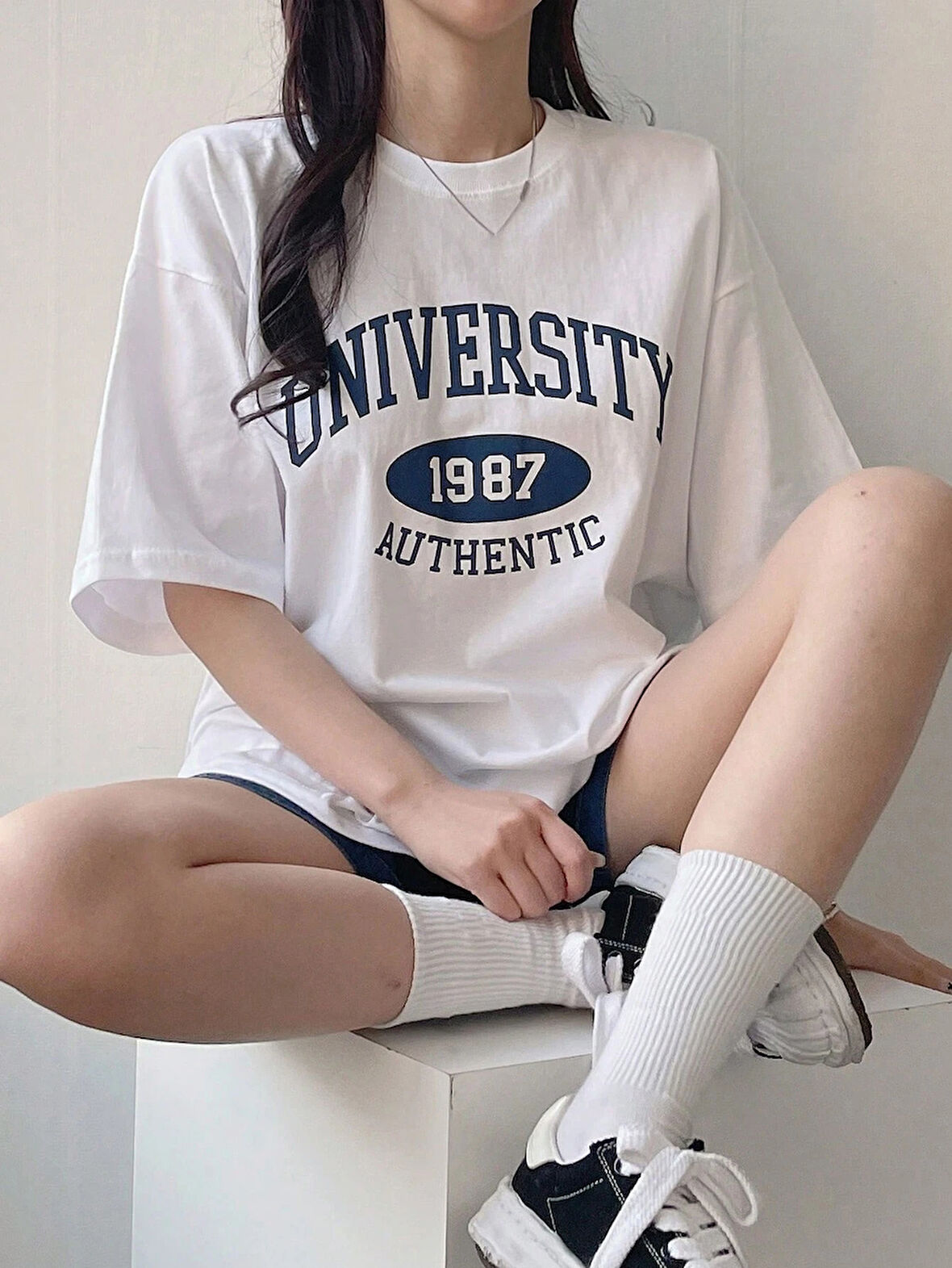 Kadın Tişört Baskılı Uzun T-shirt Pamuklu Oversize Tişört UNIVERSİTY-KADIN