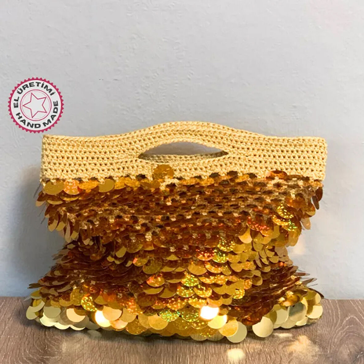 Uretti - Rukiye 7294  El Yapımı Payetli Makrome İp Clutch Çanta  24cm / Sarı