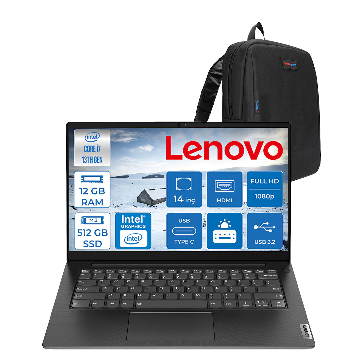 Lenovo V14 Gen4 Iru Intel Core I7 13620H 12GB 512GB SSD Freedos Intel® UHD Graphics 14 Inç Fullhd Taşınabilir Bilgisayar 83A000GDTRF07 + Zetta Çanta