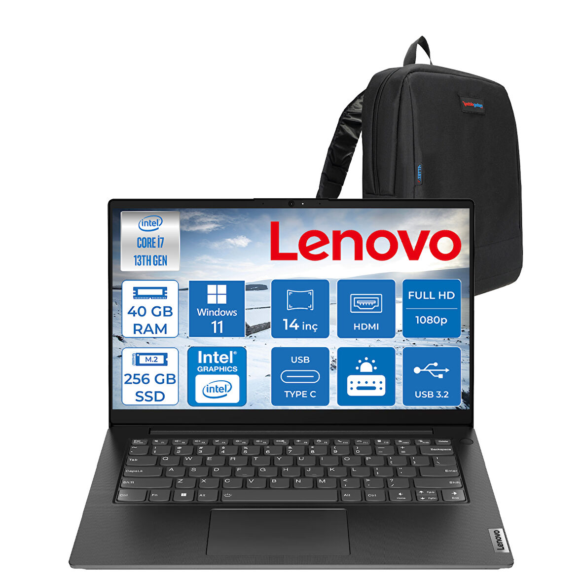 Lenovo V14 Gen4 Iru Intel Core I7 13620H 40GB 256GB SSD Windows 11 Home Intel® UHD Graphics 14 Inç Fullhd Taşınabilir Bilgisayar 83A000GDTRH21 + Zetta Çanta