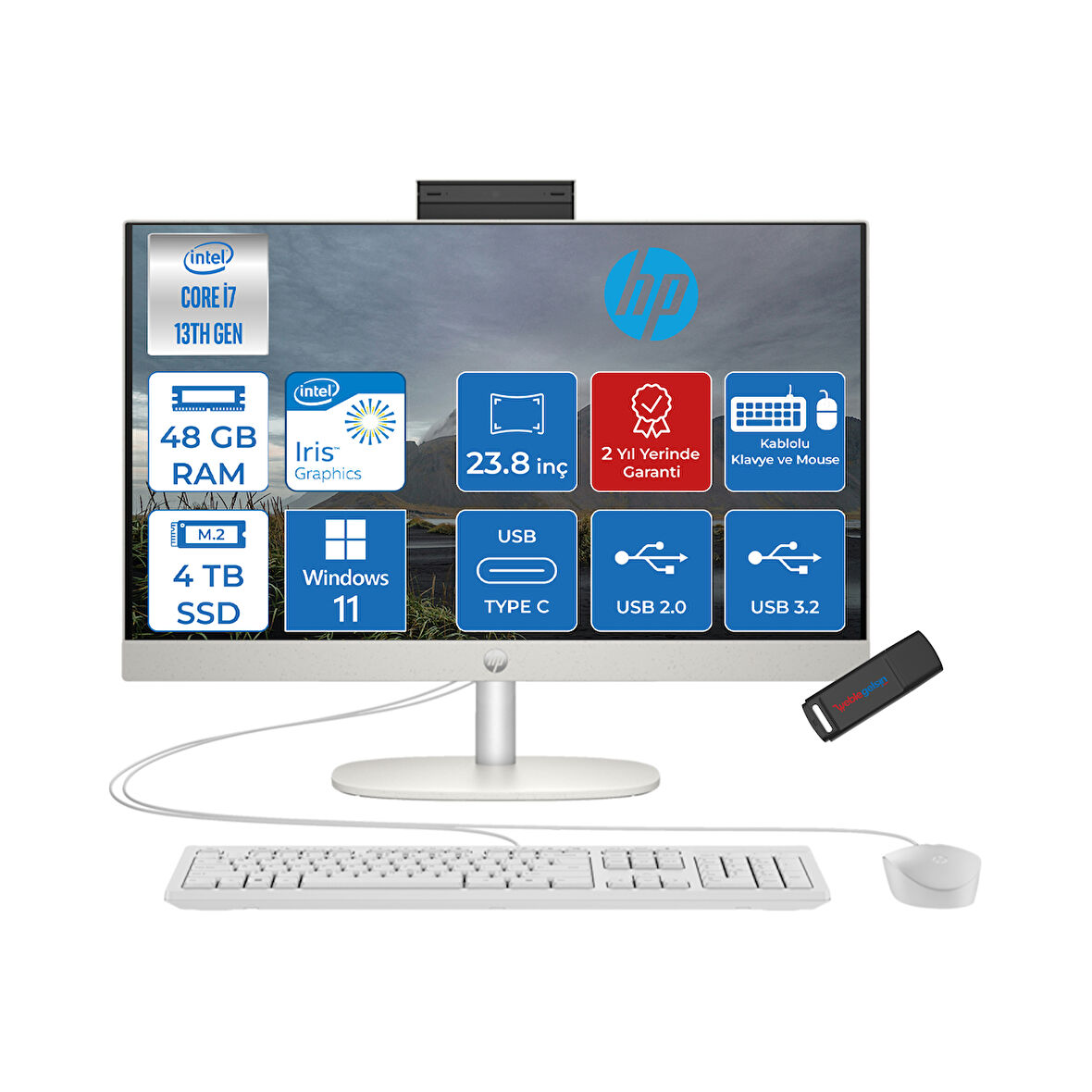 Hp Proone 240 G10 Intel I7-1355U 48GB 4tb SSD Iris Xe Graphics Windows 11 Home 23.8" Full Hd Beyaz All In One Bilgisayar AA1JY8ESH20+ZETTAUSBBELLEK