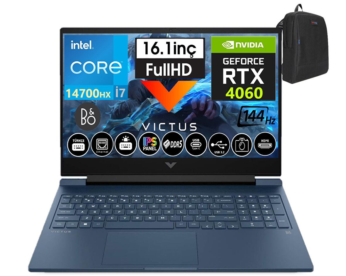 Hp Victus 16-R1041NT Intel I7-14700HX 32GB Ddr5 512GB SSD 8GB/RTX4060 WINDOWS11HOME 16.1" 144Hz Fhd IPS Taşınabilir Bilgisayar 9J243EAW25+WEBLEGELSINÇANTA