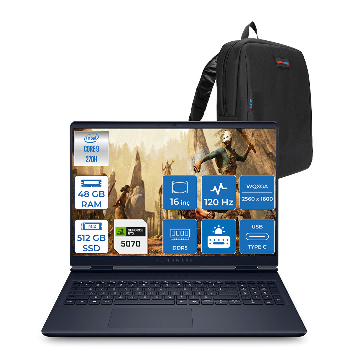 Dell Alienware 16 Aurora Intel Core 9-270H Aı 48GB GB 512GB SSD 8GB/RTX5070 Gddr7 115W 16" 2.5k 2560 x 1600 Wqxga 120Hz  Freedos Taşınabilir Bilgisayar WAC16250-C932157F17+ZETTAÇANTA
