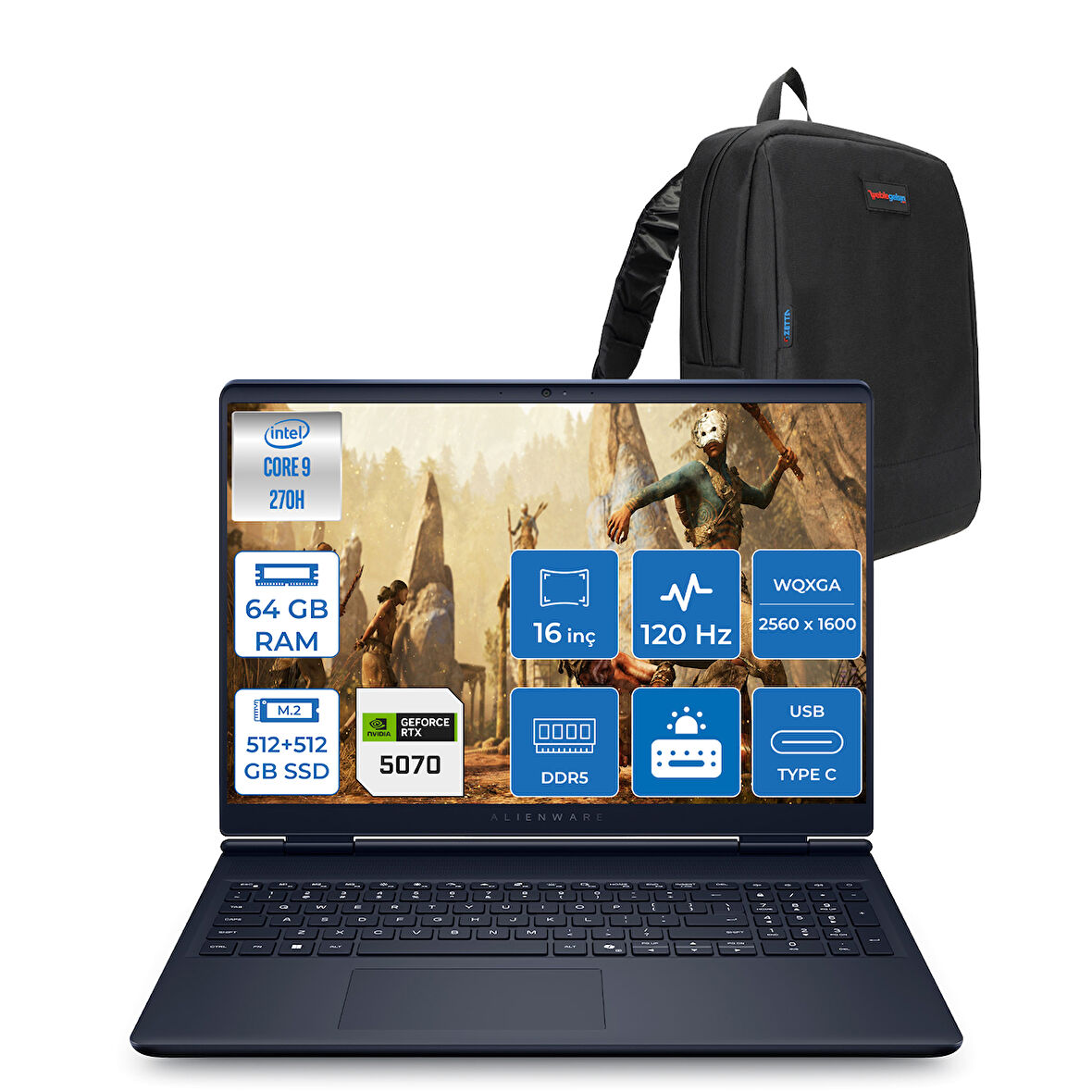 Dell Alienware 16 Aurora Intel Core 9-270H Aı 64GB GB 512GB SSD+512GB SSD 8GB/RTX5070 Gddr7 115W 16" 2.5k 2560 x 1600 Wqxga 120Hz  Freedos Gaming Laptop WAC16250-C932157F26+ZETTAÇANTA