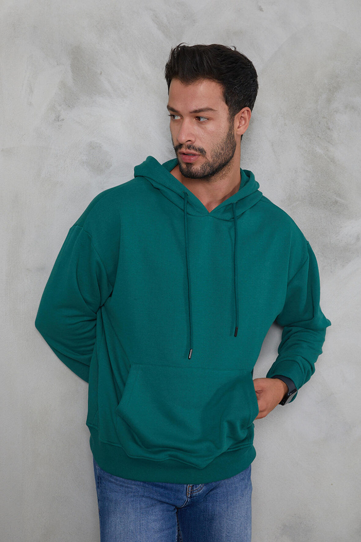 Twenty3  Erkek Oversize Kapüşonlu Kanguru Cepli Ribanalı Uzun Kollu Basic Sweatshirt