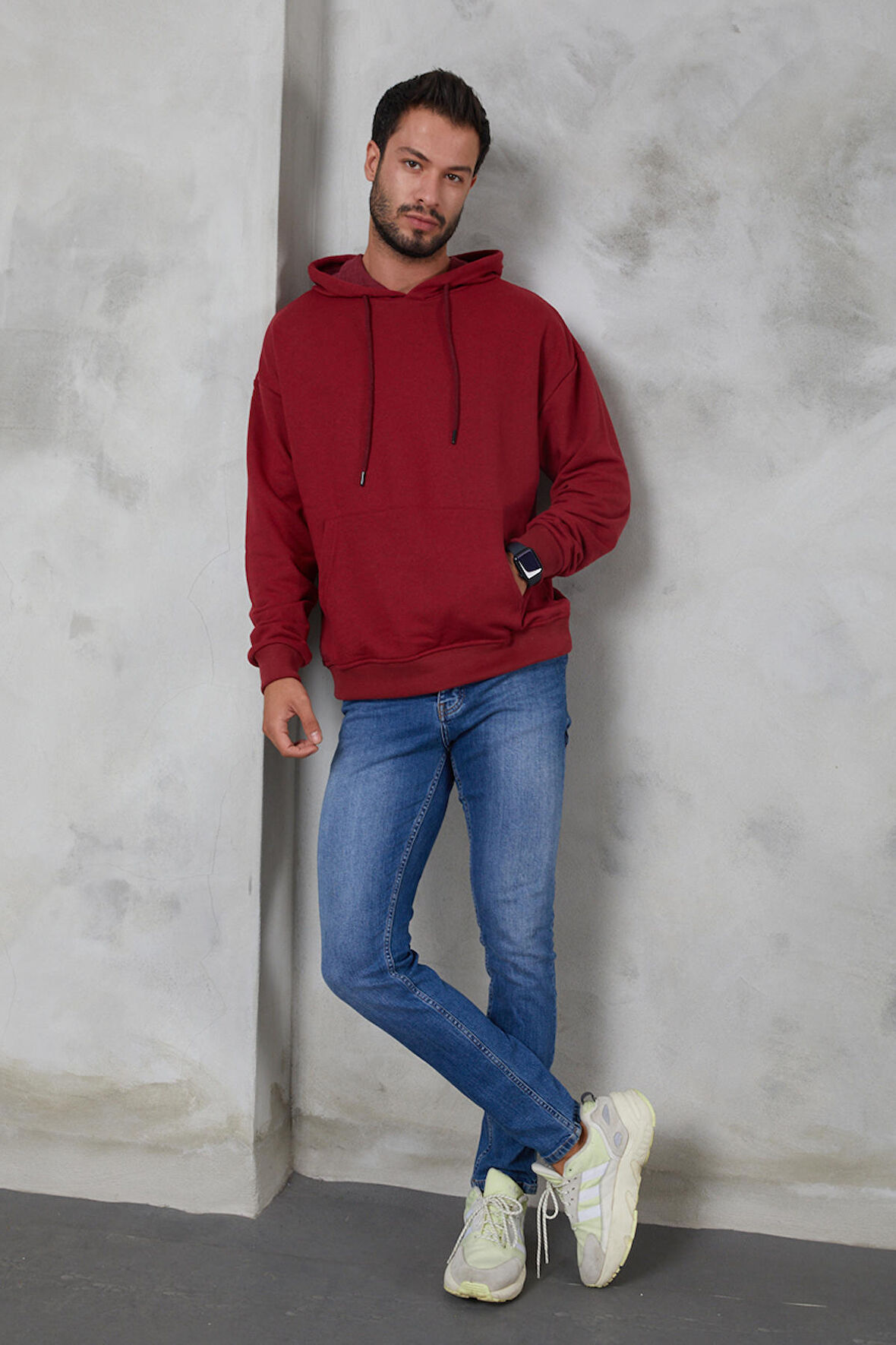 Twenty3  Erkek Oversize Kapüşonlu Kanguru Cepli Ribanalı Uzun Kollu Basic Sweatshirt