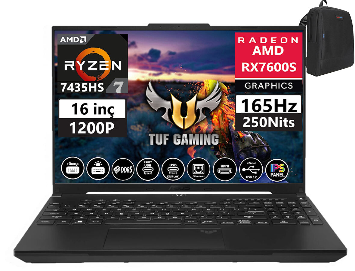 Asus Tuf Gaming A16 FA617NSR-N3056 Ryzen 7 7435HS 16GB Ddr5 Ram  512GB SSD Freedos 16inç Fhd+ 165Hz 8GB/RX7600S Taşınabilir Bilgisayar FA617NSR-N305601+WEBLEGELSINÇANTA