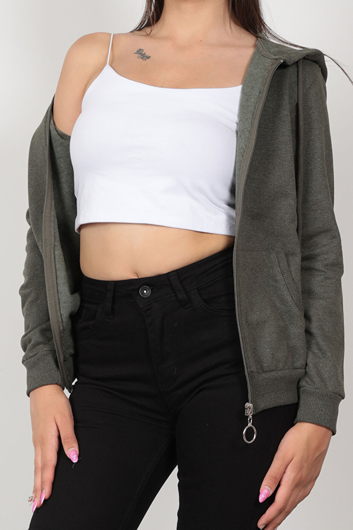 Kadın Fermuarlı Kapüşonlu Sweat